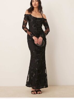 Black Off-Shoulder Embroidered Evening Gown
